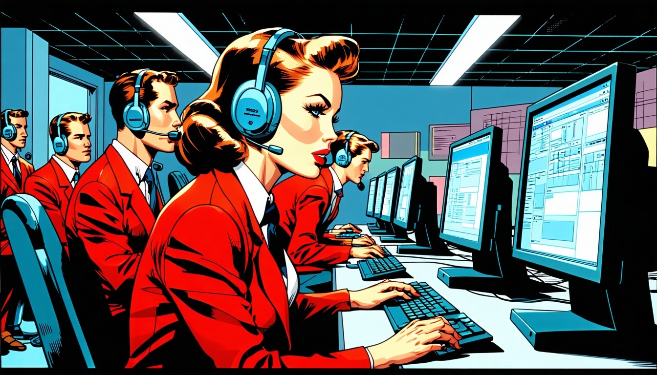 1950 future A group of men and a women in an open office wearing ff313 red blazers wearing headsets looking at computers 1950 future A group of men and a women in an open office wearing ff313 red blazers wearing headsets looking at computers