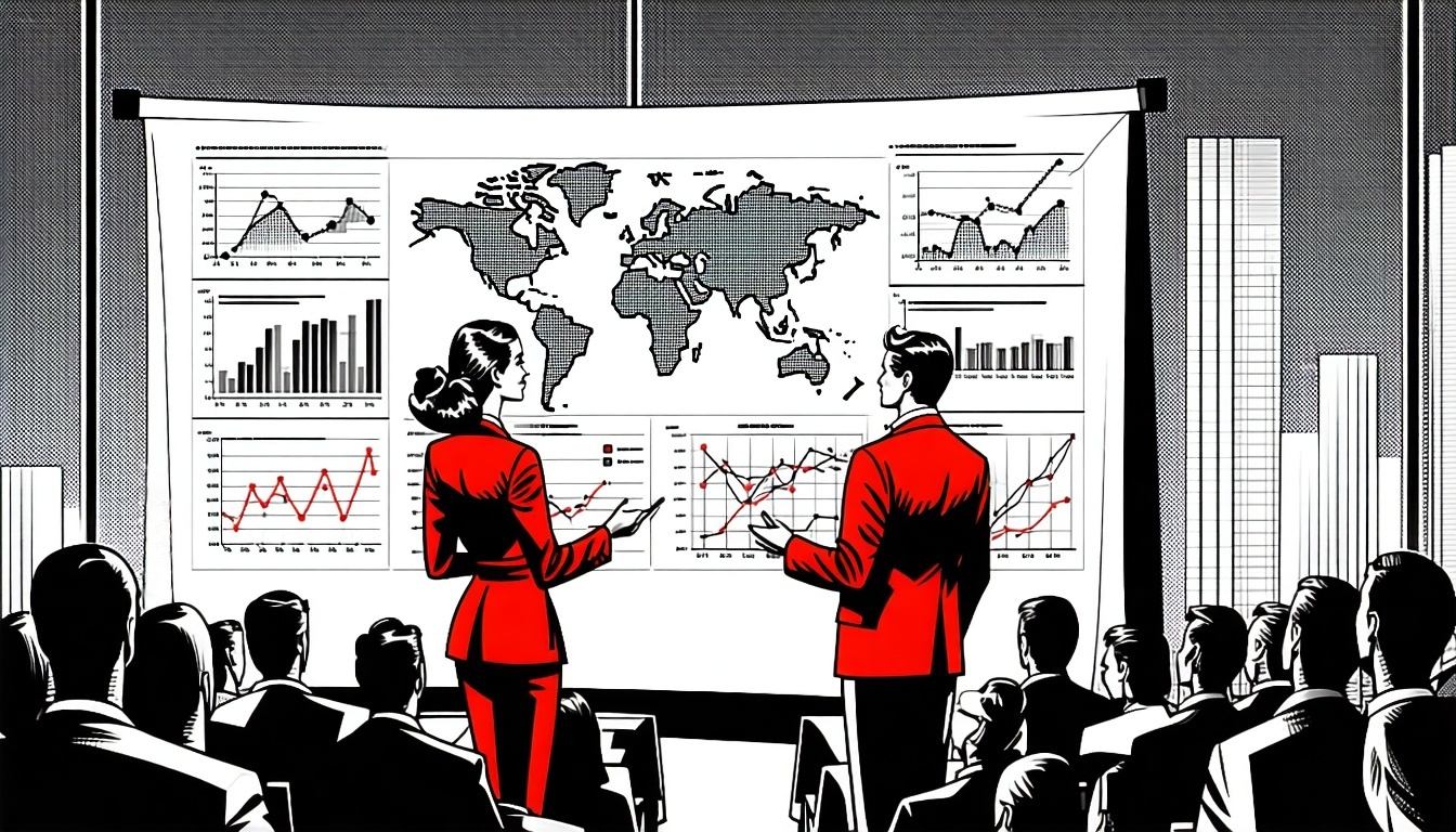 1950 future Black and white image A man and a woman wearing ff313 red blazers presenting an analysis on a large canvas behind the full of charts In front of a large audience-1 1950 future Black and white image A man and a woman wearing ff313 red blazers presenting an analysis on a large canvas behind the full of charts In front of a large audience-1