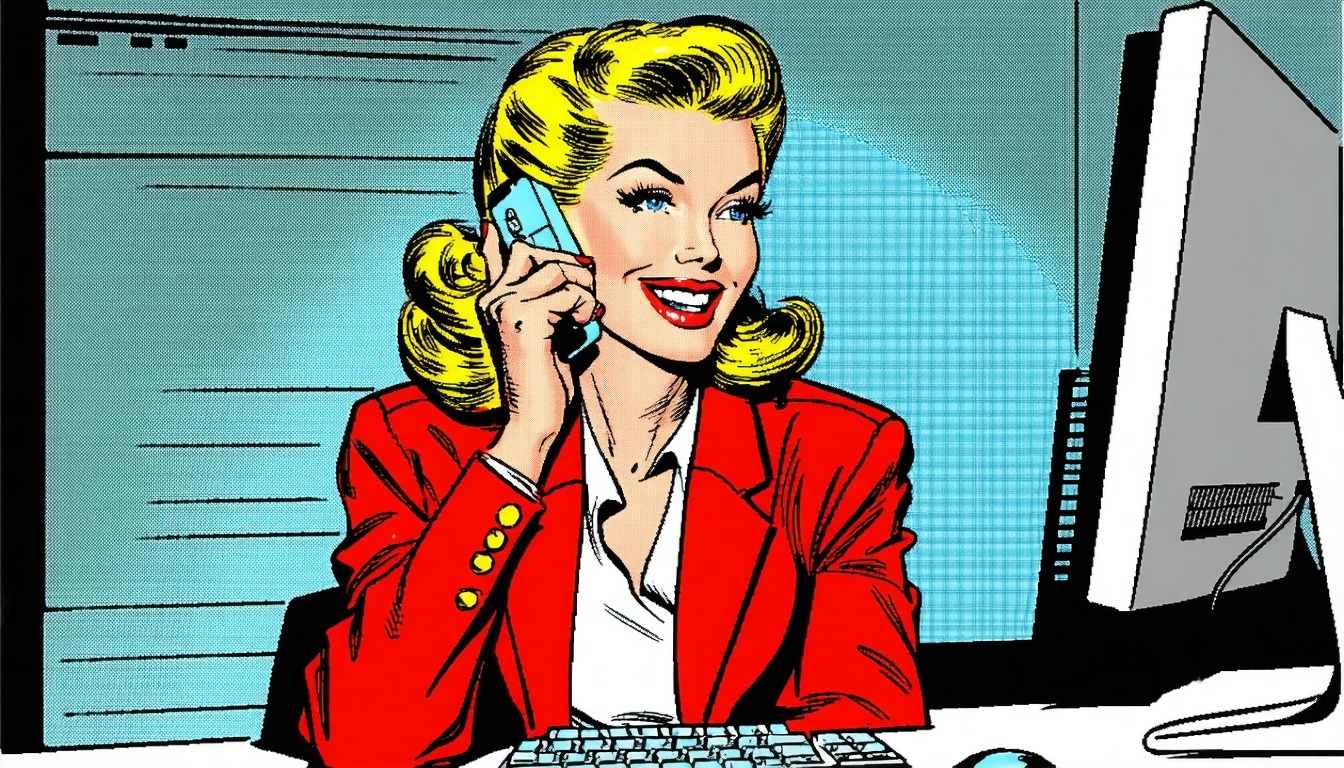 1950 future Woman sitting in front of her mac computer speaking on her mobile phone smiling She is wearing a red ff313 blazer-1 1950 future Woman sitting in front of her mac computer speaking on her mobile phone smiling She is wearing a red ff313 blazer-1