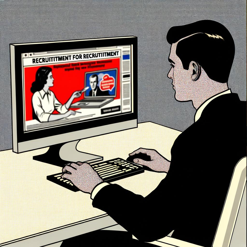 A white person sitting at a computer looking at digital ads for hiring people, marketing a product or a service the image should be oldtimey and black