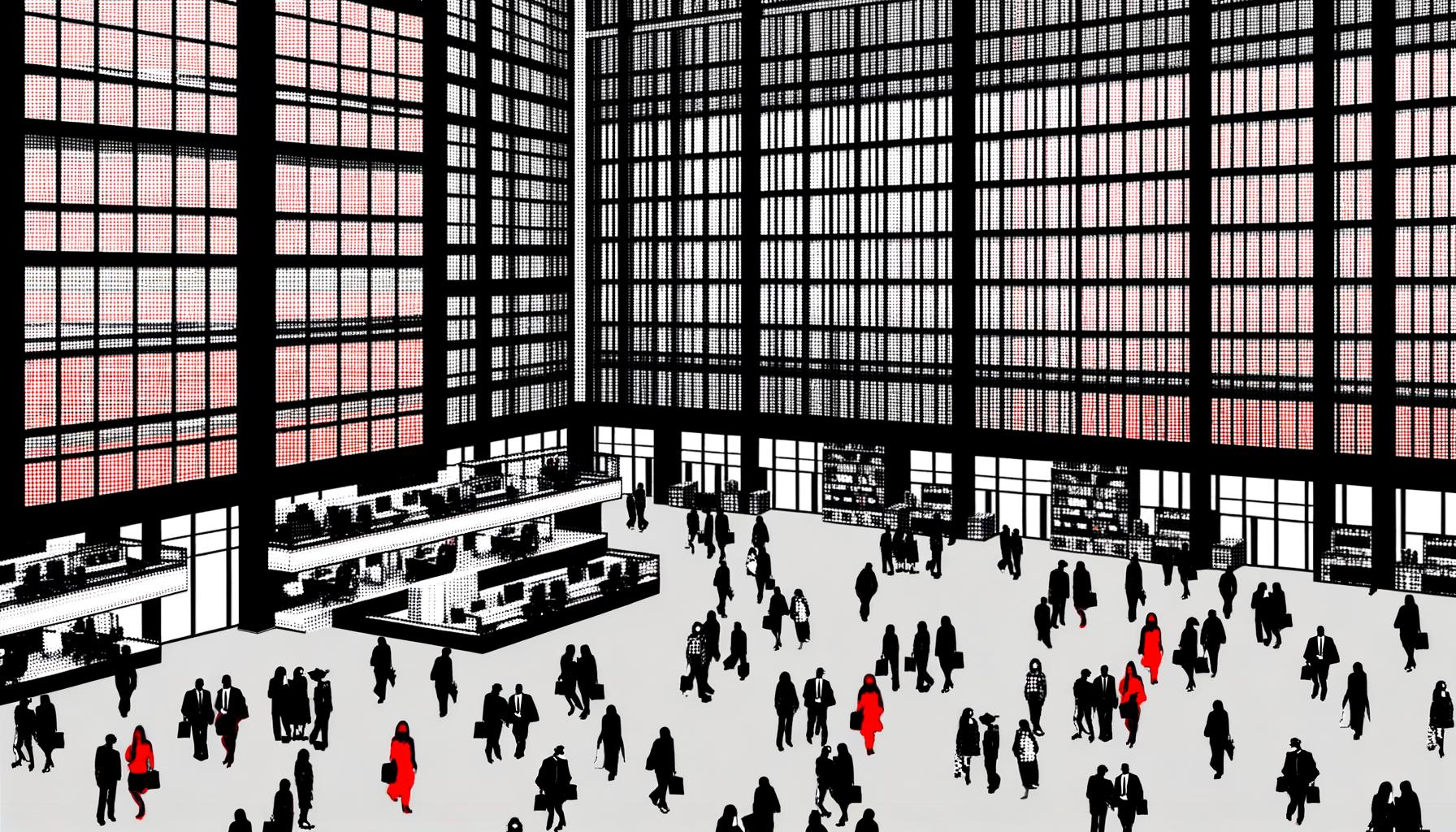 Image of an office building filled with people some of whom stand out bz their red color